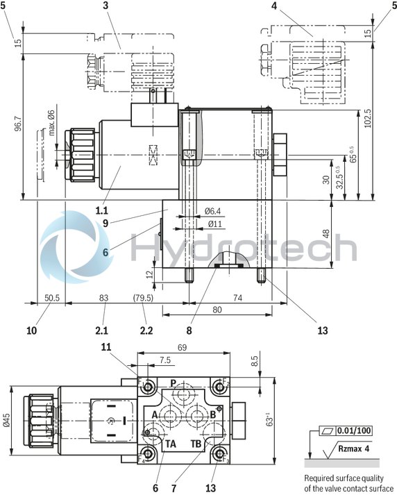technical illustration-R901351760-Direct operated directional seat valve with solenoid actuation Subplates (separate order) Blocked connection is leak-tight Reliable switching when under pressure over longer periods of standstill Wet-pin DC solenoids with detachable coil (AC voltage possible by means of a rectifier) Solenoid coil is rotatable by 90&deg; The coil can be changed without having to open the pressure-tight chamber Electrical connection as individual connection With concealed manual override, optional Inductive position switch and proximity sensors (contactless)
