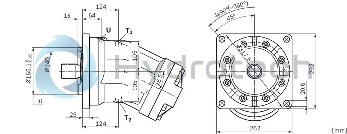technical illustration-R902160046-Large variety of available nominal sizes allows exact adjustment to the application High power density Very high total efficiency High starting efficiency Working ports SAE flange or thread Optional with integrated pressure relief valve Optional with mounted addifitonal valve: counterbalance valve (BVD/BVE), flushing and boost-pressure valve Bent-axis design
