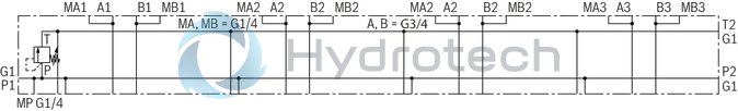 technical illustration-R901287180-Base element for ready-for-connection controls in vertical stacking design Compact hydraulic controls Common pump and tank line Separate actuator ports of the stations Measuring ports in the actuator lines Mounting of NG10 sandwich plates and valves Pressure relief valve type DBD in pressure line P Connection possibility of a pressure gauge in pressure line P