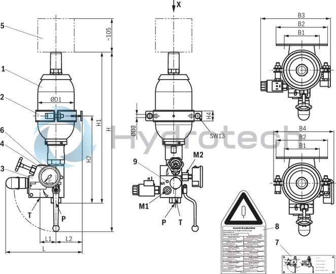technical illustration-R901488640-Accumulator station with shut-off block Bladder-type accumulators Shut-off block with integrated shut-off valve, safety valve (type-examination tested) and drain valve Drain valve can be operated manually or optionally electrically Glycerin-filled pressure gauge with red indication of the maximum admissible operating pressure on the dial Console for weld or screw connection Assembly prepared for external equipotential bonding