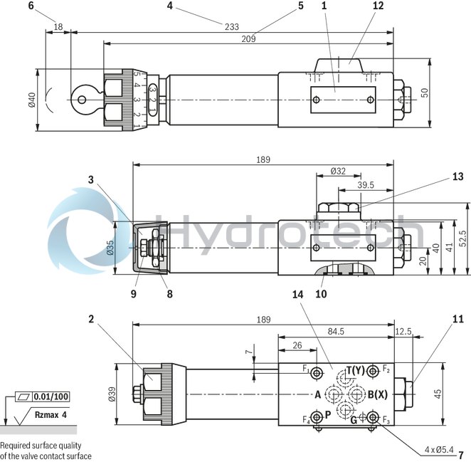 technical illustration-R978856876-For subplate mounting Porting pattern according to DIN&nbsp;24340 form&nbsp;A (without locating hole), (standard) Porting pattern according to ISO&nbsp;4401-03-02-0-94 (with locating hole), (ordering information .../60) Subplates (separate order) 5 pressure ratings 4 optional adjustment types:&bull; Rotary knob&bull; Threaded pin with hexagon and protective cap&bull; Lockable rotary knob with scale&bull; Rotary knob with scale Check valve, optional