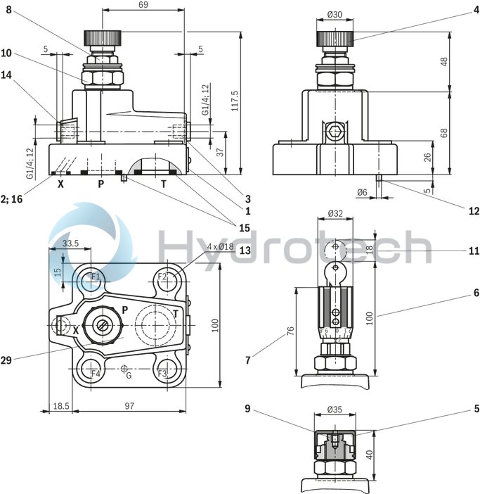 technical illustration-R901223095-For subplate mounting<br>
Porting pattern according to ISO&nbsp;6264-06-09-*-97 (NG10) and ISO&nbsp;6264-08-13-*-97 (NG25) For threaded connection 4 adjustment types for pressure adjustment, optionally<br>
• Rotary knob<br>
• Sleeve with hexagon and protective cap<br>
• Lockable rotary knob with scale<br>
• Rotary knob with scale 5 pressure ratings
