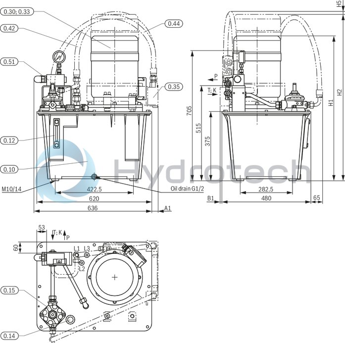 technical illustration-R919101941-Stable aluminum tank Modular design Compact power unit design Individual adaptation possible Versatile possible applications Additional options possible Clear, maintenance-friendly arrangement
