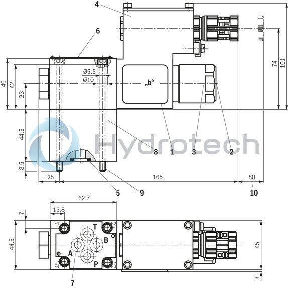 technical illustration-R901270798-3/2- or 4/2-way version For intended use in potentially explosive atmosphere Porting pattern according to ISO&nbsp;4401-03-02-0-05 (but without locating hole) wet-pin DC or AC solenoids Electrical connection with individual connection and cable gland With concealed manual override, optional