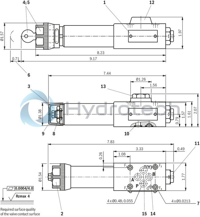 technical illustration-R900432949-For subplate mounting Porting pattern according to DIN 24340 form A Porting pattern according to ISO&nbsp;4401-03-02-0-05 (with locating hole) 4 optional adjustment types:&bull; Rotary knob&bull; Threaded pin with hexagon and protective cap&bull; Lockable rotary knob with scale&bull; Rotary knob with scale 5 pressure ratings Check valve, optional