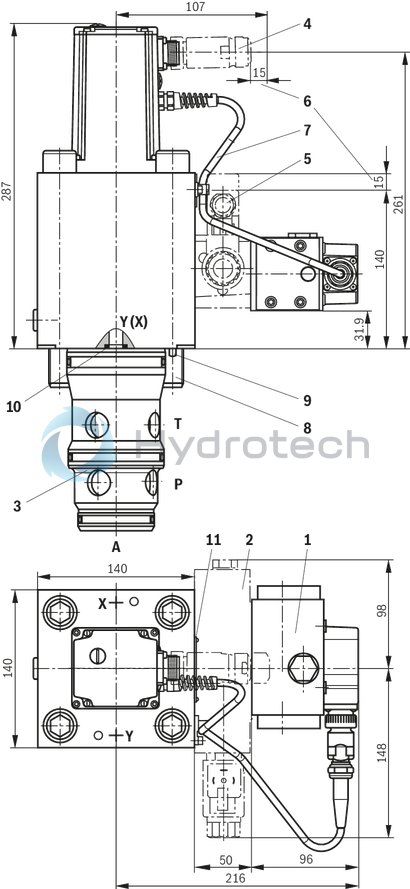 technical illustration-R901212336-High-response valve in block installation design Suitable for position, pressure, force and velocity control Pilot valve: 2-stage, mechanically returned Sercos valve NG6 or 10, trimmed, opens the main stage from A to T in case of power failure and applied pilot pressure Main stage with position control Integrated electronics (OBE) Typical applications:<br>
Presses<br>
Die casting machines<br>
Nibbling axes