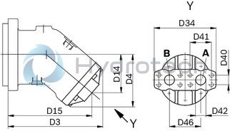 technical illustration-R902160046-Large variety of available nominal sizes allows exact adjustment to the application High power density Very high total efficiency High starting efficiency Working ports SAE flange or thread Optional with integrated pressure relief valve Optional with mounted addifitonal valve: counterbalance valve (BVD/BVE), flushing and boost-pressure valve Bent-axis design