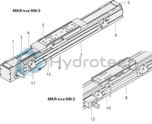 technical illustration-R039013001-Protection of the guideway and drive components by sealing strip (excluding MKK-165) Idler (non-drive) end enclosure: with integrated belt-tensioning system. The belt pulley system is equipped with ball bearings that have lifelong lubrication The Rexroth Ball Rail System features one-point lubrication from both sides; one-point lubrication is only suitable for grease lubrication with a manual grease gun Individual lubrication versions for connection to one-point lubrication systems (only for product generation 3) Attachments are fastened to the carriage using T-slots or threaded holes Ball Guide Rail with corrosion-resistant coating, Ball Runner Block made of corrosion-resistant steel (only for product generation 3) Absolute position measuring system IMS-A directly integrated into the guide system (for MKR-080 and MKR-110, product generation 3) With planetary gearbox with various gear ratios and versions for optimizing external load to motor inertia. Servo motor with multi-turn encoder, 1-cable or 2-cable connection, with or without holding brake Magnetic field sensors can be mounted without additional attachments directly onto the profile body (only for product generation&nbsp;3) Switch (proximity or mechanical), cable duct, socket-plug and extension cable Extensive accessories for connection and clamping elements and connecting shafts Nameplate with technical parameters for easy start-up