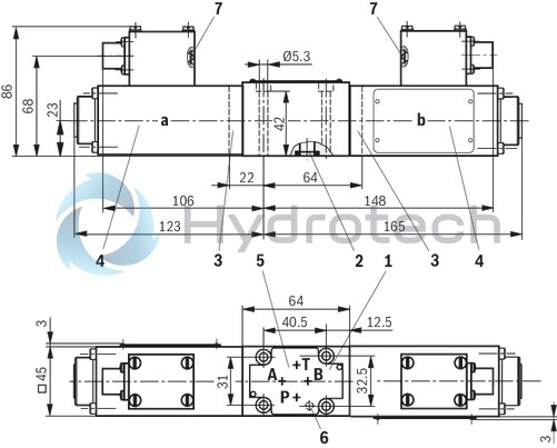 technical illustration-R901348789-Direct operated directional spool valve with solenoid actuation for intended use in potentially explosive atmospheres Porting pattern according to ISO&nbsp;4401-03-02-0-05 Subplates available in FE/ZN version (see dimensions) Wet-pin DC solenoids Electrical connection optionally with: Individual connection with cable gland, 2 m connection line, connector With manual override