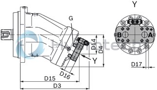 technical illustration-R902160930-Large variety of available nominal sizes allows exact adjustment to the application High power density Very high total efficiency High starting efficiency Working ports SAE flange or thread Optional with integrated pressure relief valve Optional with mounted addifitonal valve: counterbalance valve (BVD/BVE), flushing and boost-pressure valve Bent-axis design
