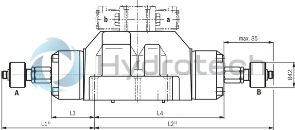 technical illustration-R901407515-Type of actuation: pneumatic-hydraulic For subplate mounting Porting pattern according to ISO&nbsp;4401 Subplates according to data sheets 45054 to 45060 (separate order) Spring centering, spring end position or hydraulic end position Optional auxiliary operating device Switching time adjustment, optional Preload valve in channel P of the main valve, optional Stroke setting at main spool, optional Stroke setting and/or end position control, optional Inductive position switch and proximity sensors (contactless)