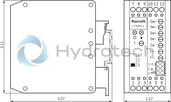 technical illustration-R901010980-Differential input for voltage Ramp generator with separately adjustable ramp times "up/down" Adjustable zero point and sensitivity Adjustable step level Clocked power output stage Enable input LED displays for various operating states Reverse polarity protection for the operating voltage