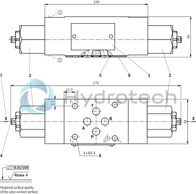 technical illustration-R900909856-Sandwich plate valve Porting pattern according to DIN 24340 form A Porting pattern according to ISO&nbsp;4401-03-02-0-05 (with locating hole) With 1 or 2 flow control cartridges Adjustment type with internal hexagon