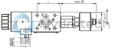 technical illustration-R900945999-Direct-controlled directional slide valve with solenoid actuation Sandwich plate valve As stop straight-through valve or stop straight-through short circuit valve Porting pattern according to DIN&nbsp;24340 form&nbsp;A (without locating hole), (standard) Porting pattern according to ISO&nbsp;4401-03-02-0-05 (with locating hole) Wet-pin AC or DC solenoids Manual override, optional
