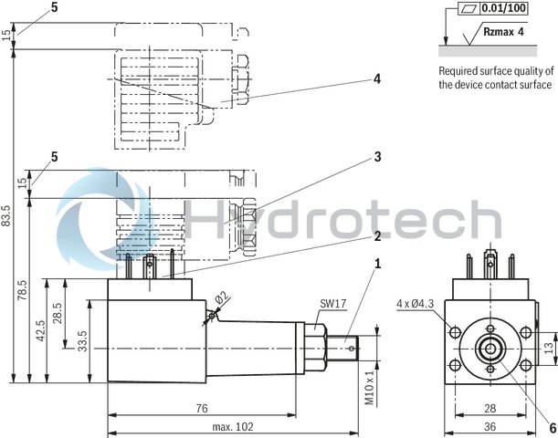 technical illustration-R901227564-400 bar micro switch with NC contact/NO contact function, device connector DIN EN 175301-803 (large cubic connector)