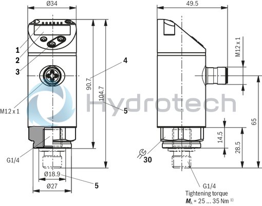 technical illustration-R901425454-Electronic pressure switch with display, 2 switching outputs, pressure range 0 &hellip; 400 bar, connector 4-pole M12x1 A-coded, throttle element