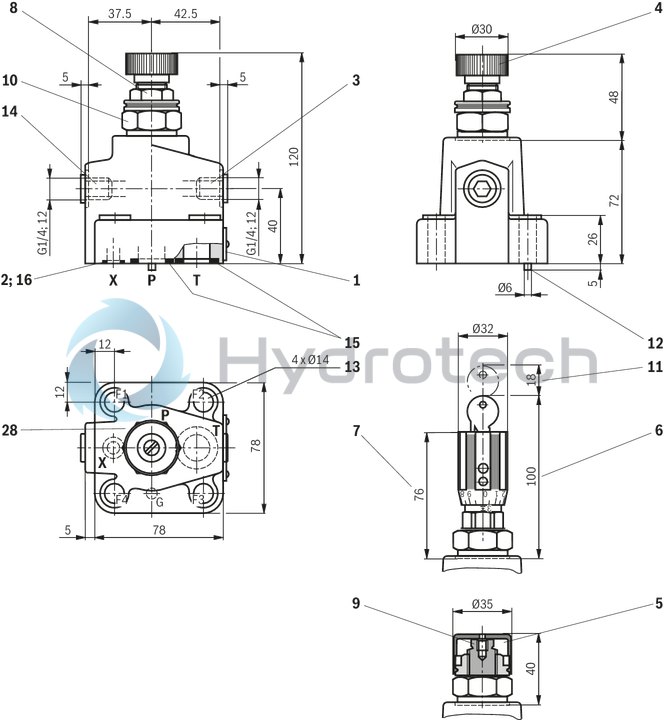 technical illustration-R901223095-For subplate mounting<br>
Porting pattern according to ISO&nbsp;6264-06-09-*-97 (NG10) and ISO&nbsp;6264-08-13-*-97 (NG25) For threaded connection 4 adjustment types for pressure adjustment, optionally<br>
• Rotary knob<br>
• Sleeve with hexagon and protective cap<br>
• Lockable rotary knob with scale<br>
• Rotary knob with scale 5 pressure ratings
