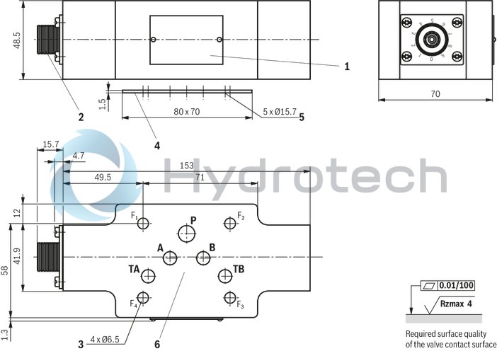 technical illustration-R901162976-Sandwich plate valve Porting pattern according to ISO&nbsp;4401-05-04-0-05 For limiting the main or pilot flow of two consumer ports Adjustment type: Spindle with internal hexagon and scale