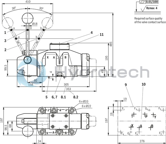 technical illustration-R900713421-Direct operated directional spool valve with hand lever actuation Porting pattern according to DIN&nbsp;24340&nbsp;form&nbsp;A and ISO&nbsp;4401 with spring return or detent, optional Actuation mechanism protected against contamination and humidity ingress Head end with actuation mechanism exchangeable without disassembly of the valve Inductive position switch and proximity sensors (contactless)