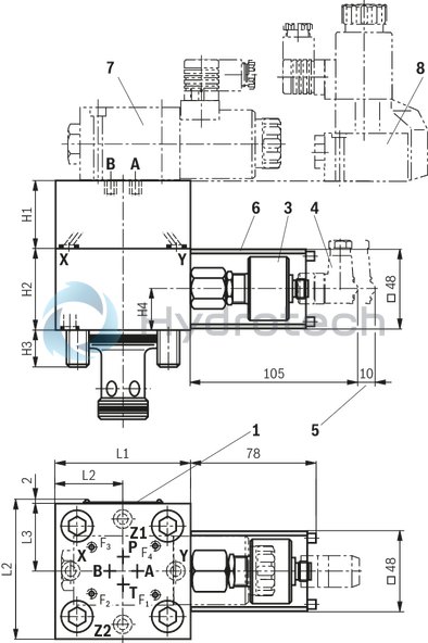 technical illustration-R901421678-Functional product design Modular set-up:&bull; Cartridge valve with various options&bull; Control cover in various variants for realization of selected functions&bull; Electric monitoring of the spool position Power and flow-optimized design:&bull; High flows&bull; Low pressure drops&bull; High switching velocities&bull; Low leakage oil flowsRobust design:&bull; High reliability&bull; Long life cycle Other features:&bull; Small installation size, low weight&bull; Easy to service