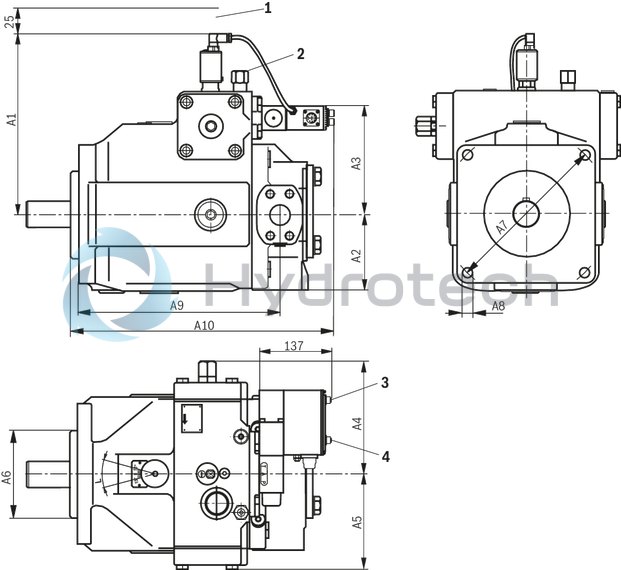 technical illustration-R901375786-A SYHDFEn-1X control system is used for the electro-hydraulic control of swivel angle, pressure and power (partially optional, see ordering code) of an axial piston variable displacement pump.<br>
The control system consists of the following components: A4VSO axial piston variable displacement pump optimized for the operation in the control system VT-DFPn-2X or VT-DFPFD-1X proportional valve as pilot valve with integrated electronics including inductive position transducer for valve position sensing. Position transducer for sensing the swivel angle Pressure transducer with suitable signal level and dynamics (optionally HM 20, separate order)
