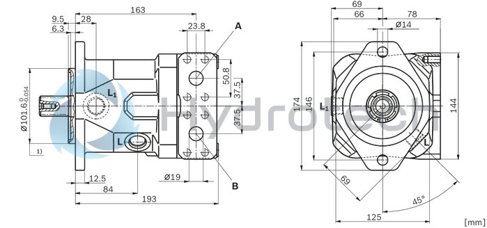 technical illustration-R902406027-A10FM, fixed displacement unit, closed circuit, medium pressure, size: 45 cm&sup3;