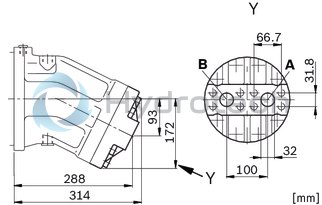 technical illustration-R902160930-Large variety of available nominal sizes allows exact adjustment to the application High power density Very high total efficiency High starting efficiency Working ports SAE flange or thread Optional with integrated pressure relief valve Optional with mounted addifitonal valve: counterbalance valve (BVD/BVE), flushing and boost-pressure valve Bent-axis design
