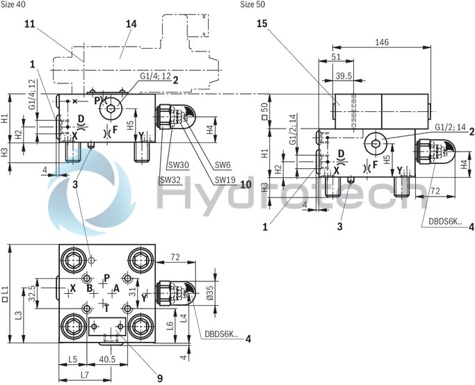 technical illustration-R900912801-Size 32, manual maximum pressure adjustment with electrically proportional pressure adjustment, with mounting surface ISO4401
