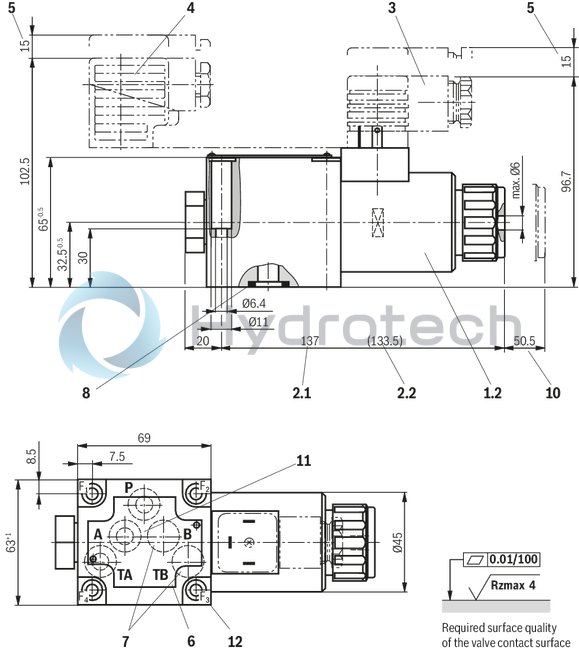 technical illustration-R901351760-Direct operated directional seat valve with solenoid actuation Subplates (separate order) Blocked connection is leak-tight Reliable switching when under pressure over longer periods of standstill Wet-pin DC solenoids with detachable coil (AC voltage possible by means of a rectifier) Solenoid coil is rotatable by 90&deg; The coil can be changed without having to open the pressure-tight chamber Electrical connection as individual connection With concealed manual override, optional Inductive position switch and proximity sensors (contactless)