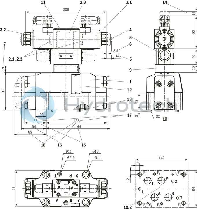 technical illustration-R978024207-Types of actuation (internal or external pilot control): Electro-hydraulic (type WEH) For subplate mounting Porting pattern according toISO&nbsp;4401 4/3-, 4/2- or 3/2-way version Spring or pressure centering, spring end position or hydraulic end position Wet-pin DC or AC solenoids, optional Electrical connection as individual or central connection Optional versions:<br>
- Manual override<br>
- Switching time adjustment<br>
- Preload valve in channel P of the main valve<br>
- Stroke setting and/or spool position monitoring
