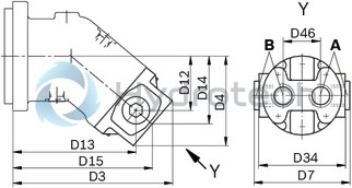 technical illustration-R902160046-Large variety of available nominal sizes allows exact adjustment to the application High power density Very high total efficiency High starting efficiency Working ports SAE flange or thread Optional with integrated pressure relief valve Optional with mounted addifitonal valve: counterbalance valve (BVD/BVE), flushing and boost-pressure valve Bent-axis design