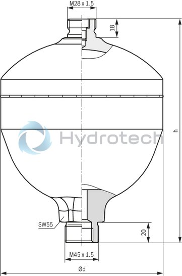 technical illustration-0531610632-Hydraulic accumulator as per Pressure Equipment Directive 97/23/EC Diaphragm material for different applications