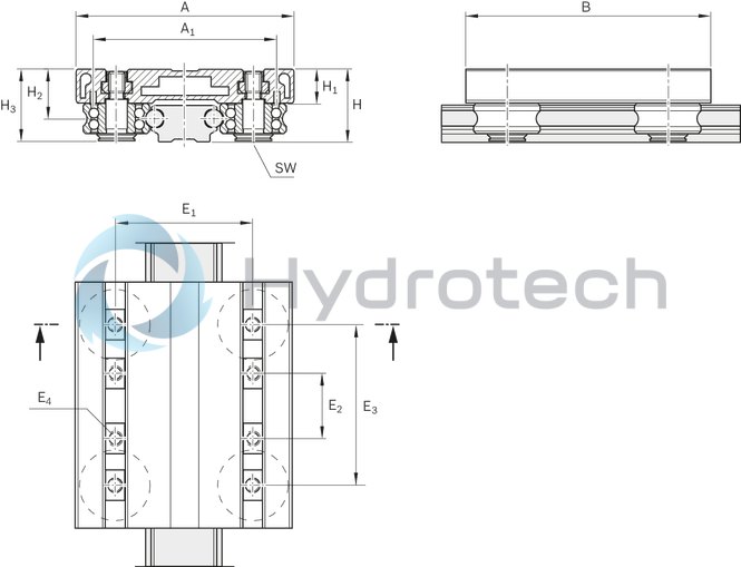 technical illustration-R190714200-The cam roller runner block (flat profile) is characterized by the following product features: Format SNS, size 42, aluminum, accuracy economic, load class FN