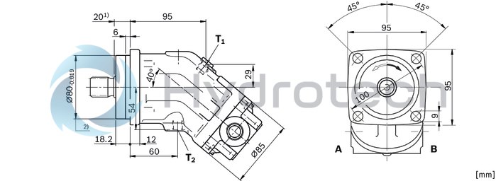 technical illustration-R902160930-Large variety of available nominal sizes allows exact adjustment to the application High power density Very high total efficiency High starting efficiency Working ports SAE flange or thread Optional with integrated pressure relief valve Optional with mounted addifitonal valve: counterbalance valve (BVD/BVE), flushing and boost-pressure valve Bent-axis design
