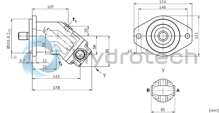 technical illustration-R902160046-Large variety of available nominal sizes allows exact adjustment to the application High power density Very high total efficiency High starting efficiency Working ports SAE flange or thread Optional with integrated pressure relief valve Optional with mounted addifitonal valve: counterbalance valve (BVD/BVE), flushing and boost-pressure valve Bent-axis design