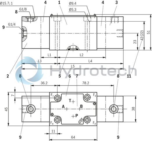 technical illustration-R978902858-Direct operated directional spool valve Operating methods: Hydraulic Porting pattern according to DIN&nbsp;24340 form A (without locating hole) Porting pattern according to ISO&nbsp;4401-03-02-0-05 (with locating hole) Subplates see data sheet 45052 (separate order) Inductive position switch and proximity sensors (contactless)