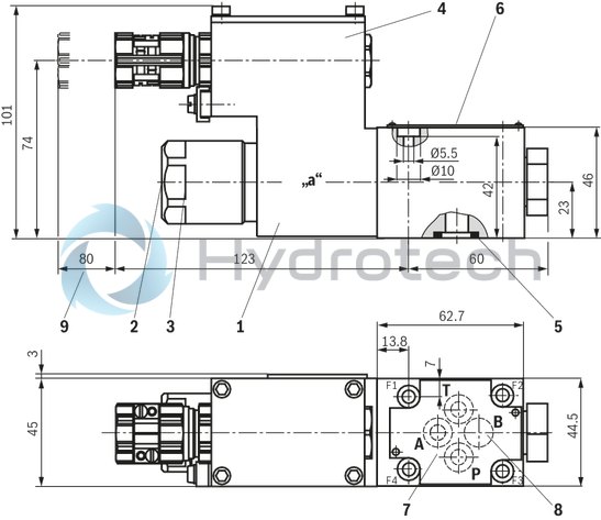 technical illustration-R901270798-3/2- or 4/2-way version For intended use in potentially explosive atmosphere Porting pattern according to ISO&nbsp;4401-03-02-0-05 (but without locating hole) wet-pin DC or AC solenoids Electrical connection with individual connection and cable gland With concealed manual override, optional