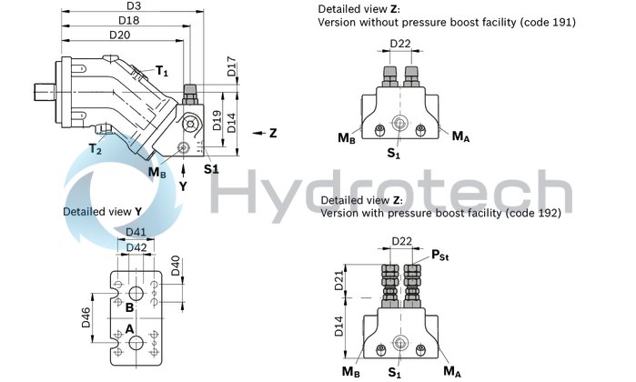 technical illustration-R902160046-Large variety of available nominal sizes allows exact adjustment to the application High power density Very high total efficiency High starting efficiency Working ports SAE flange or thread Optional with integrated pressure relief valve Optional with mounted addifitonal valve: counterbalance valve (BVD/BVE), flushing and boost-pressure valve Bent-axis design