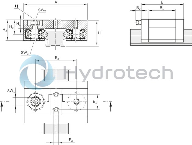 technical illustration-R190612500-The cam roller runner block (super version) is characterized by the following product features: Format SKS, size 25, aluminum, accuracy economic, load class FN