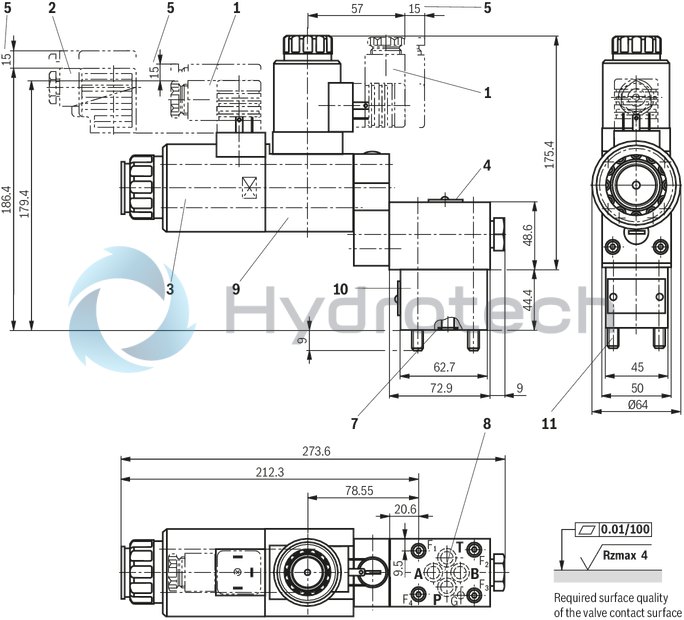 technical illustration-R901179659-Direct operated directional seat valve with solenoid actuation Porting pattern according to ISO&nbsp;4401-03-02-0-05 (with locating hole) Air-gap DC solenoid Electrical connection as individual connection Blocked port is leak-free closed Safe switching also with longer standstill periods under pressure