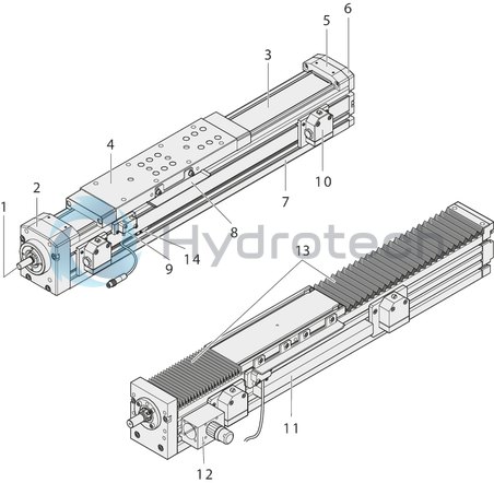 technical illustration-R117300761-The Rexroth Ball Rail System and the Rexroth precision Ball Screw Assembly feature one-point lubrication from both sides; one-point lubrication is only suitable for grease lubrication with a manual grease gun Individual lubrication versions for connection to one-point lubrication systems (only for product generation 3) Rexroth precision ball screw assembly in rolled design with backlash-free, cylindrical single nut, tolerance grade 7, and leads of up to 40 mm Attachments are fastened to the carriage using T-slots or threaded holes Ball Guide Rail and Ball Screw with corrosion-resistant coating, Ball Runner Block made of corrosion-resistant steel (only for product generation 3) Absolute position measuring system IMS-A directly integrated into the guide system (for MKK-080 and MKK-110, product generation 3) Motor attachment via mount and coupling or via timing belt side drive Servo motor with multi-turn encoder, 1-cable or 2-cable connection, with or without holding brake Magnetic field sensors can be mounted without additional attachments directly onto the profile body (only for product generation&nbsp;3) Switch (proximity or mechanical), cable duct, socket-plug and extension cable Extensive accessories for connection and clamping elements Nameplate with technical parameters for easy start-up