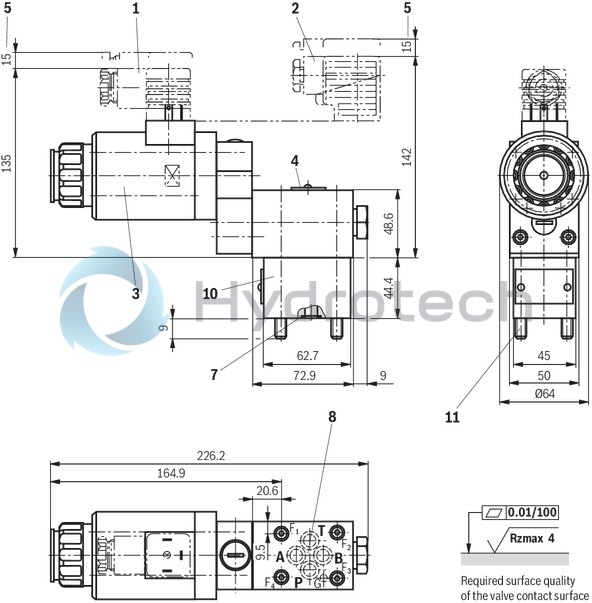 technical illustration-R901179659-Direct operated directional seat valve with solenoid actuation Porting pattern according to ISO&nbsp;4401-03-02-0-05 (with locating hole) Air-gap DC solenoid Electrical connection as individual connection Blocked port is leak-free closed Safe switching also with longer standstill periods under pressure