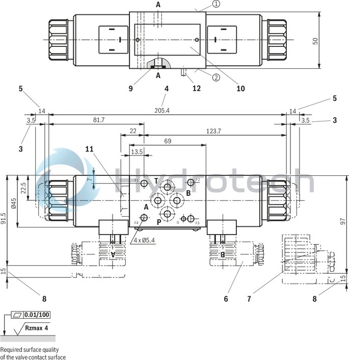 technical illustration-R900945999-Direct-controlled directional slide valve with solenoid actuation Sandwich plate valve As stop straight-through valve or stop straight-through short circuit valve Porting pattern according to DIN&nbsp;24340 form&nbsp;A (without locating hole), (standard) Porting pattern according to ISO&nbsp;4401-03-02-0-05 (with locating hole) Wet-pin AC or DC solenoids Manual override, optional
